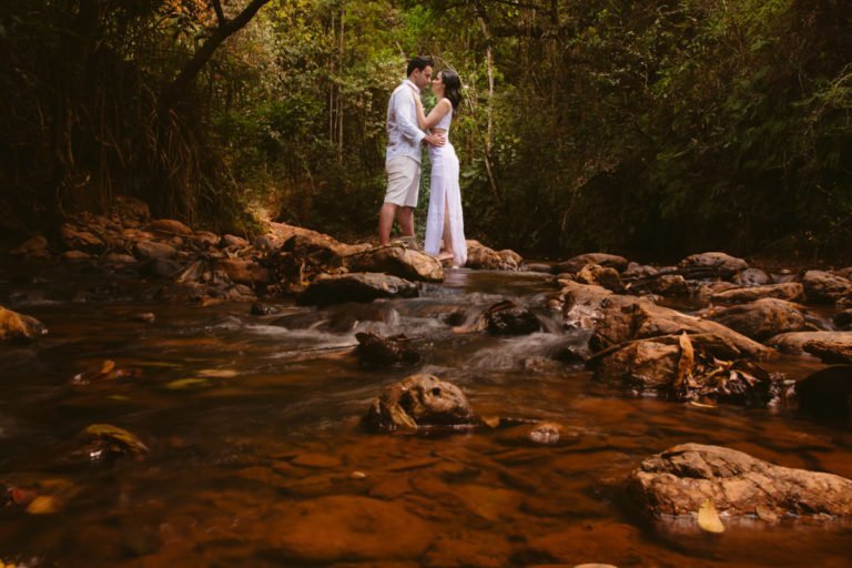 noivos ensaio pré-casamento na floresta